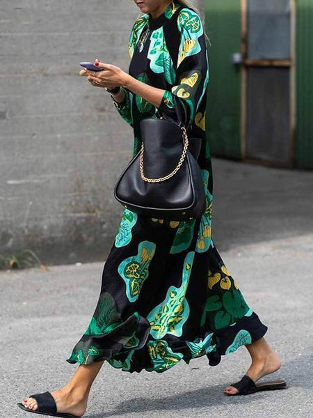 Summer Dress Women Long Maxi Dress Vintage Floral Printed Long Sleeve Loose Beach Sundress Plus Size Casual Vestidos