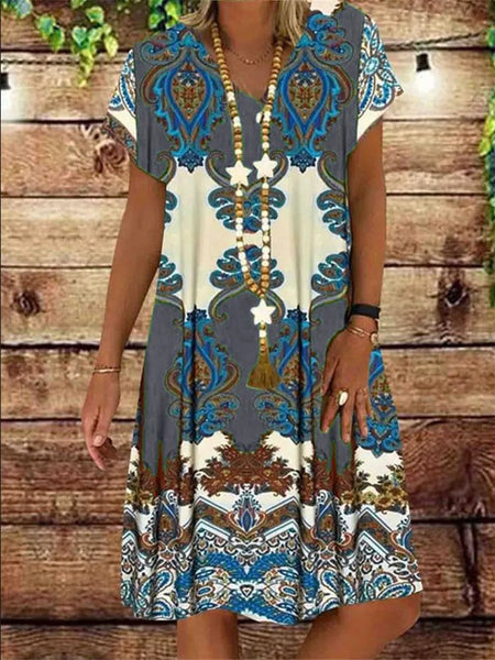 Summer Women V-neck Print Vintage Short Sleeve Party Dress