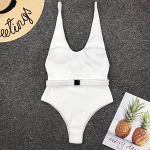 Solid Color Belt One-Piece Swimsuit Bikini