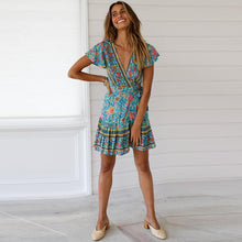 Load image into Gallery viewer, Boho V-neck Turquoise Floral Print Ruffles Mini Dress