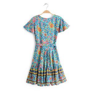 Boho V-neck Turquoise Floral Print Ruffles Mini Dress