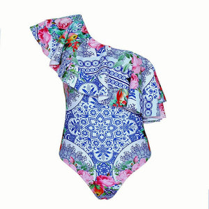 Sexy Beach Floral Ruffled One-Piece Swimsuit Off Shoulder Bikini