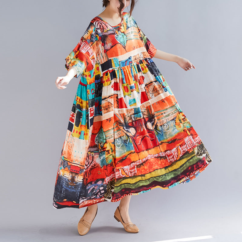 Artistic women's loose mid-length printed dress