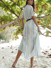 Load image into Gallery viewer, Striped Single-row Buttoned Lapel Short-sleeved Long Dress