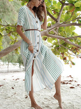 Load image into Gallery viewer, Striped Single-row Buttoned Lapel Short-sleeved Long Dress