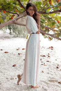 Striped Single-row Buttoned Lapel Short-sleeved Long Dress