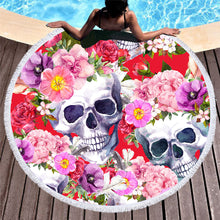 Load image into Gallery viewer, Boho Skull Floral Print Round Yoga Mat Print Tassel Summer Beach Towel