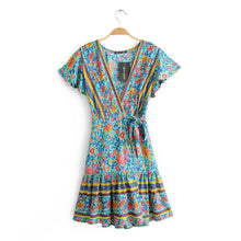 Load image into Gallery viewer, Boho V-neck Turquoise Floral Print Ruffles Mini Dress