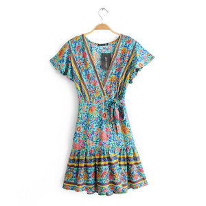 Boho V-neck Turquoise Floral Print Ruffles Mini Dress