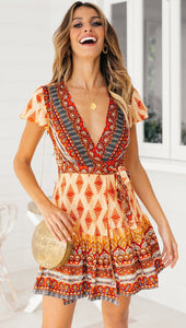Bohemian Floral Pinrt Deep V-neck Summer Mini Dress