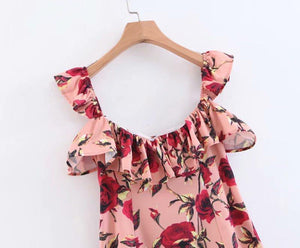 Spring and Summer Print Sleeveless Ruffled Off-The-Shoulder Dress