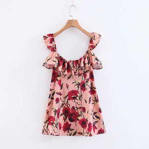 Spring and Summer Print Sleeveless Ruffled Off-The-Shoulder Dress
