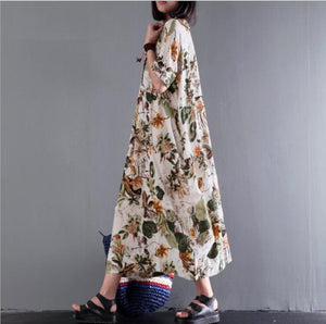 Cotton and Hemp Printing Medium and Long Middle Sleeve Side Sewn Pocket Dress
