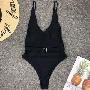 Solid Color Sexy Belt One-Piece Swimsuit