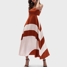 Load image into Gallery viewer, Red and White Stitching Strips Shoulder Strap Deep V-Neck Dress