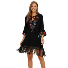 Load image into Gallery viewer, Women&#39;s Lace Up V-neck Flared Sleeve Ethnic Embroidery Bohemian Dress