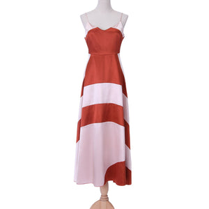 Red and White Stitching Strips Shoulder Strap Deep V-Neck Dress