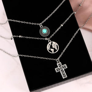 Personality Cross World Map Turquoise Combination Three-tier Necklace