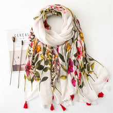 Load image into Gallery viewer, Retro flowers cotton and linen tassel scarf, silk scarf shawl, women&#39;s national wind beach