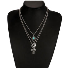 Load image into Gallery viewer, Personality Cross World Map Turquoise Combination Three-tier Necklace