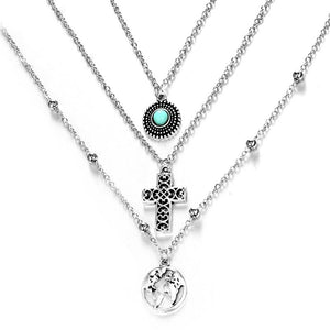 Personality Cross World Map Turquoise Combination Three-tier Necklace