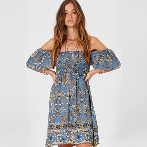 Summer Dress Bohemian Dress Short-sleeved One-shoulder Wrapped Chest Positioning Print Skirt
