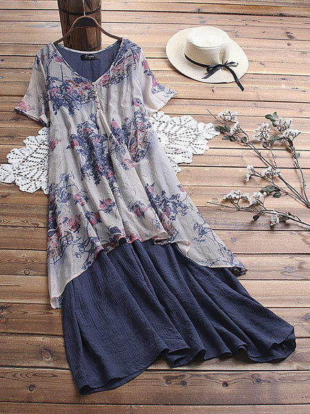 Loose Printing Large Size Medium Length Dress Fake Two-piece Set