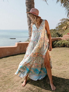 Chiffon Beach Dress Printed V-neck Short-sleeved Bohemian Dress
