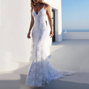 Sexy V Neck White Wedding Fishtail Evening Dress