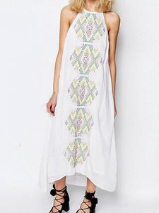 Color geometric embroidery suspenders long sleeveless sexy dress