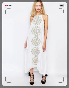 Color geometric embroidery suspenders long sleeveless sexy dress