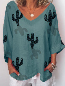 Cactus Pattern Printed Fashionable Shirt with Broken Sleeves