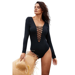 One-piece Swimsuit Female Long-sleeved Cross Hollow Backless Triangle Swimsuit