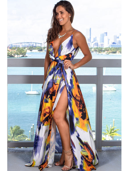 V-neck slit printed beach dress