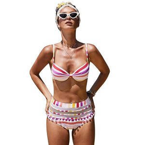 Slim Bikini Striped Sling High Waist Split Swimsuit