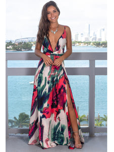 V-neck slit printed beach dress