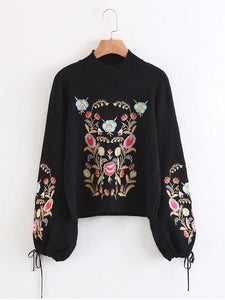 Casual Floral Embroidered Long Lantern Sleeve Women Sweaters