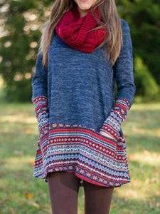 Blue Knitting Round-neck Sweater Dresses