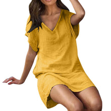 Load image into Gallery viewer, Cotton and Linen Solid Color V Collar Short Sleeve Long Dress