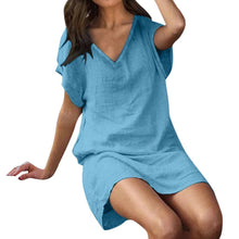 Load image into Gallery viewer, Cotton and Linen Solid Color V Collar Short Sleeve Long Dress