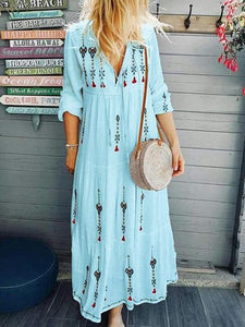 Bohemian printed stitching long skirt fashionable pull-rope tied Long Sleeve Dress