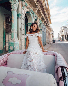 Lotus leaf edge hollowed out lace dress