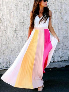 Sleeveless Pleated Contrast Skirt Long Dress