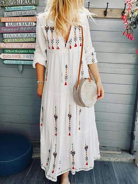 Bohemian printed flower stitching dress fashion drawstring lace long sleeve dress