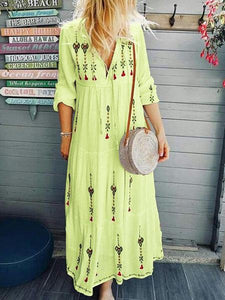 Bohemian printed flower stitching dress fashion drawstring lace long sleeve dress