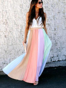 Sleeveless Pleated Contrast Skirt Long Dress