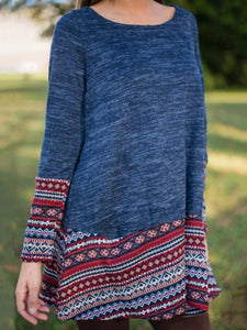 Blue Knitting Round-neck Sweater Dresses