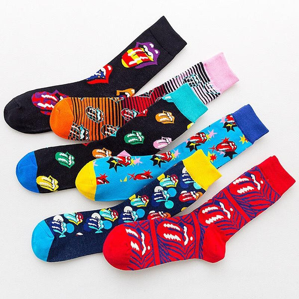 Trend Rolling Stone Band Joint Big Tongue Rock Style Fashion Men's and Women's Cotton  Personality Mid Autumn and Winter Socks