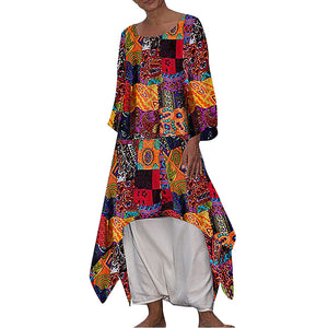 New Bohemian Style Feature Skirt Cotton and Linen Printed Long-Sleeved Dress