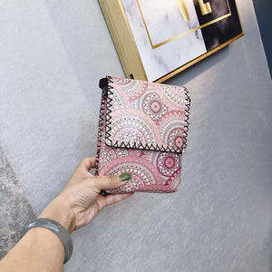 Women's Shoulder  Retro National Style Widened and Slanted Mobile Phone Double-layer Manual Bag